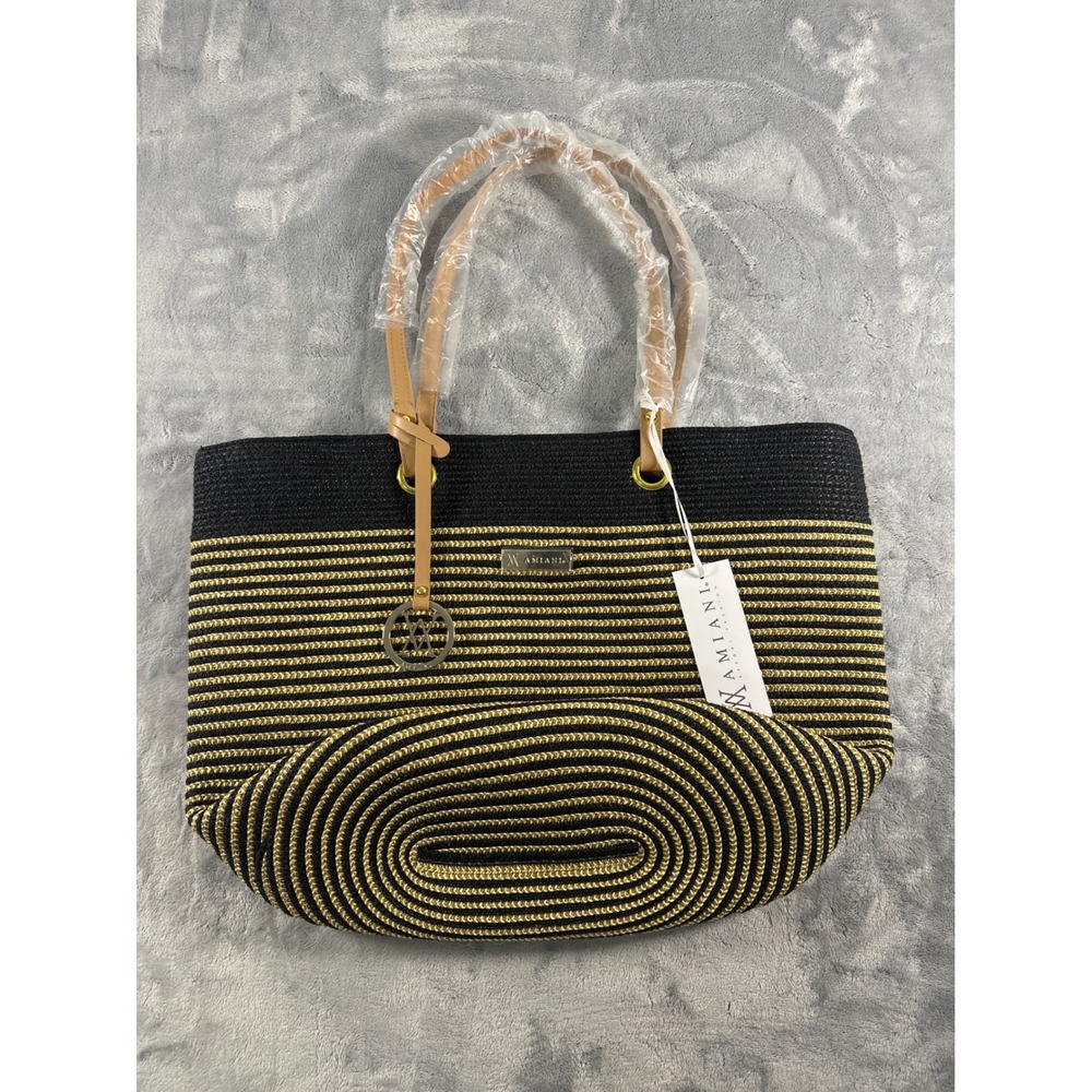 Amiani Resort Fashion Woven Tote Bag Black Gold Metallic Striped Beach Shoulder